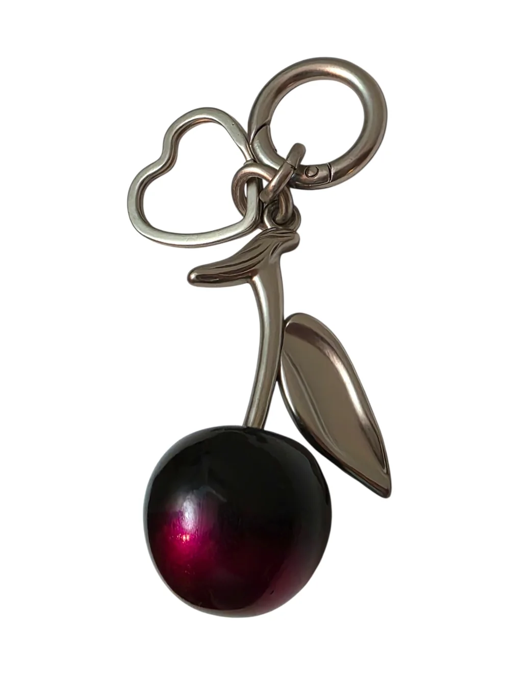Cherry Keychain Charm in Metallic Silver and Deep Berry